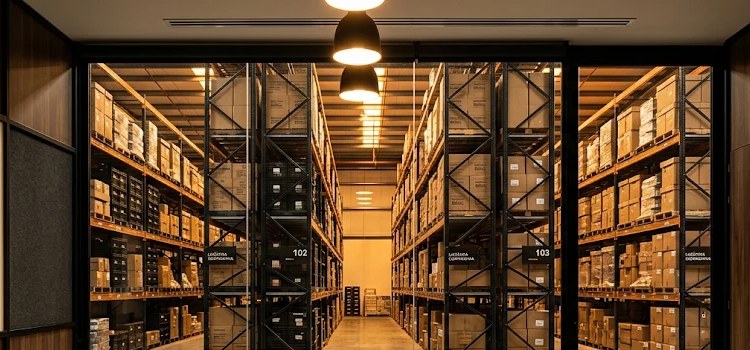Interior de depósito con estanterías de almacenamiento